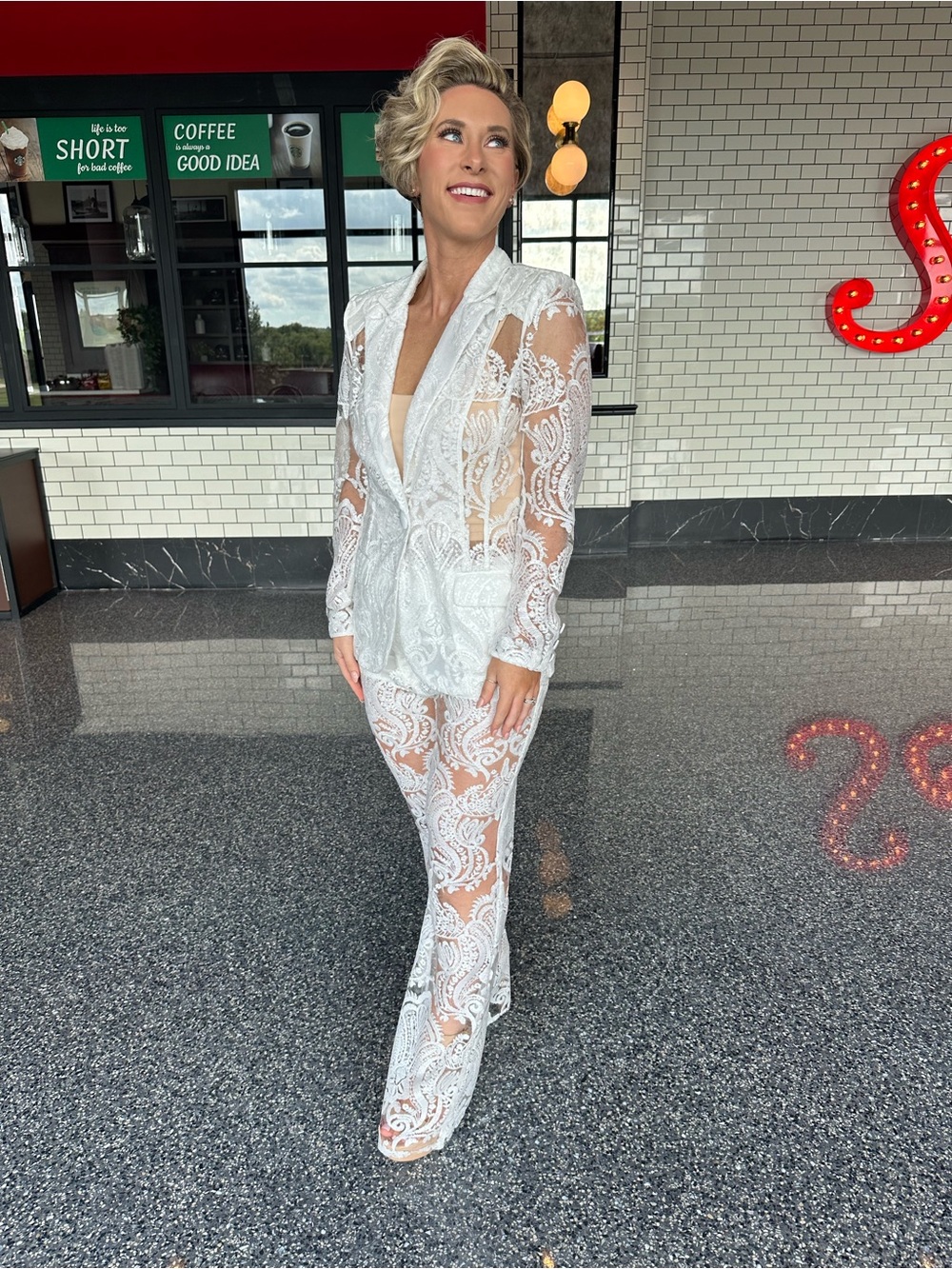 Sheer Lace Suit Set - White